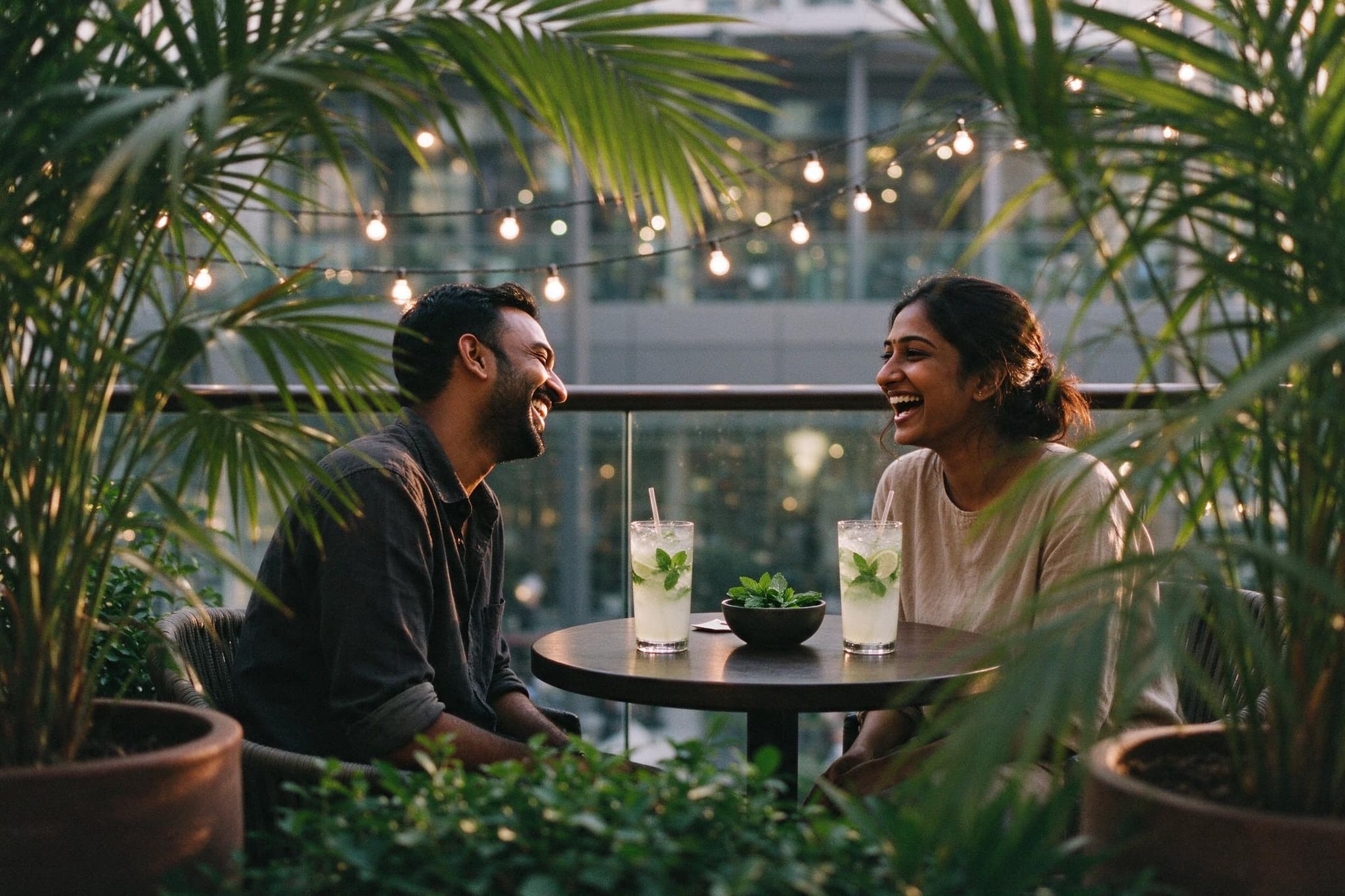 A man and a woman laughing together over two glasses of mint lemonade on a café terrace, seen through potted palms at dusk, string lights above them