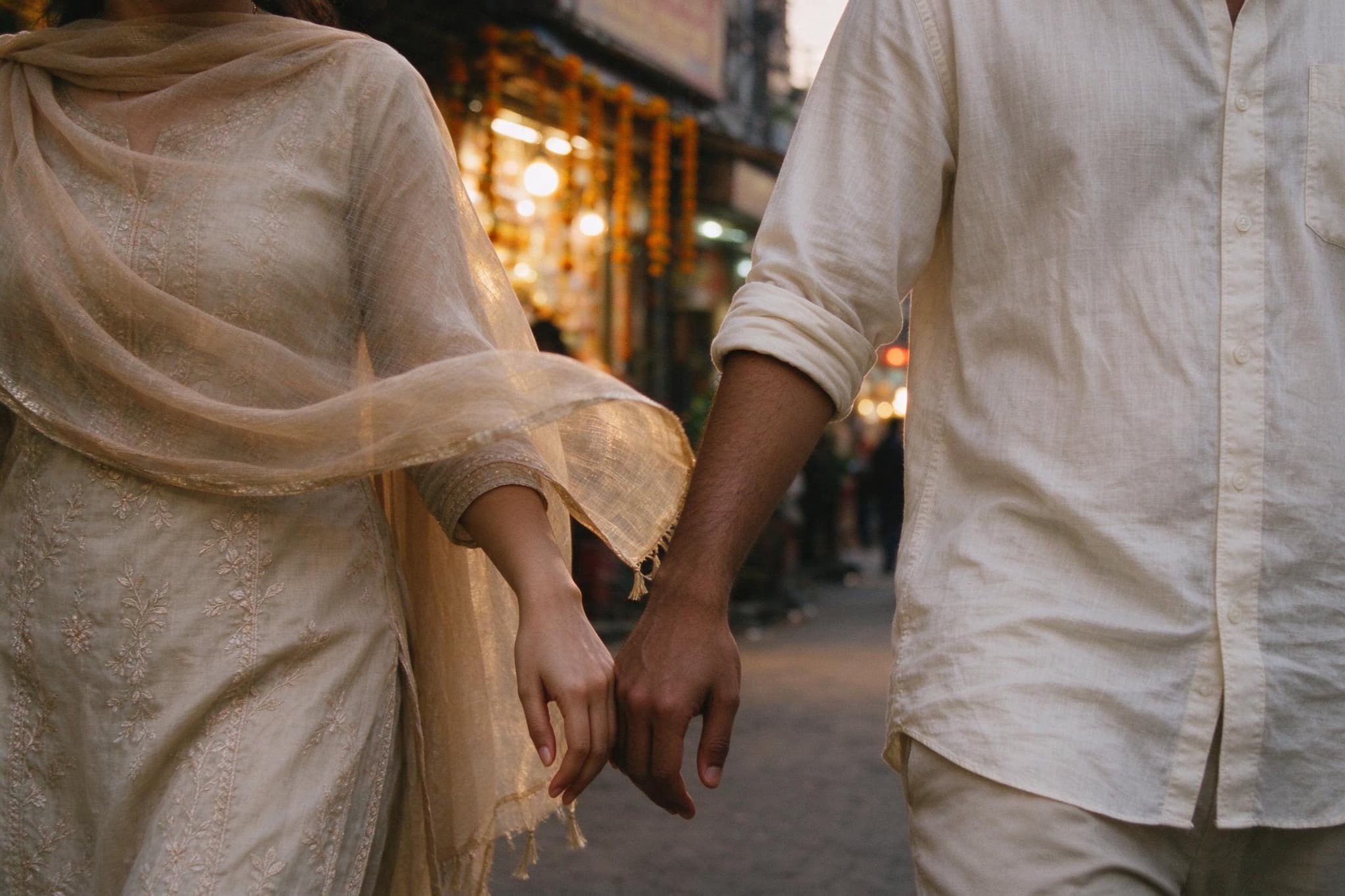 A couple walking side by side on an evening street, their hands almost touching