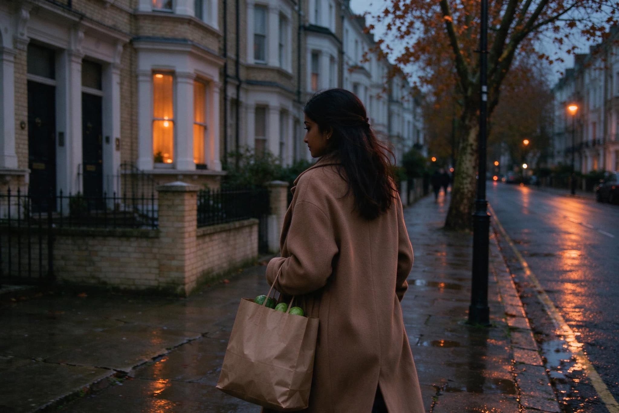 A woman in a camel coat walking home along a wet London street at dusk with a paper grocery bag
