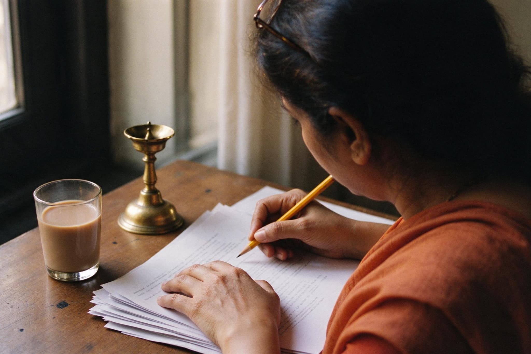 A matchmaker at a wooden desk by the window, pencil in hand, reading printed pages with a glass of chai and a brass lamp beside her