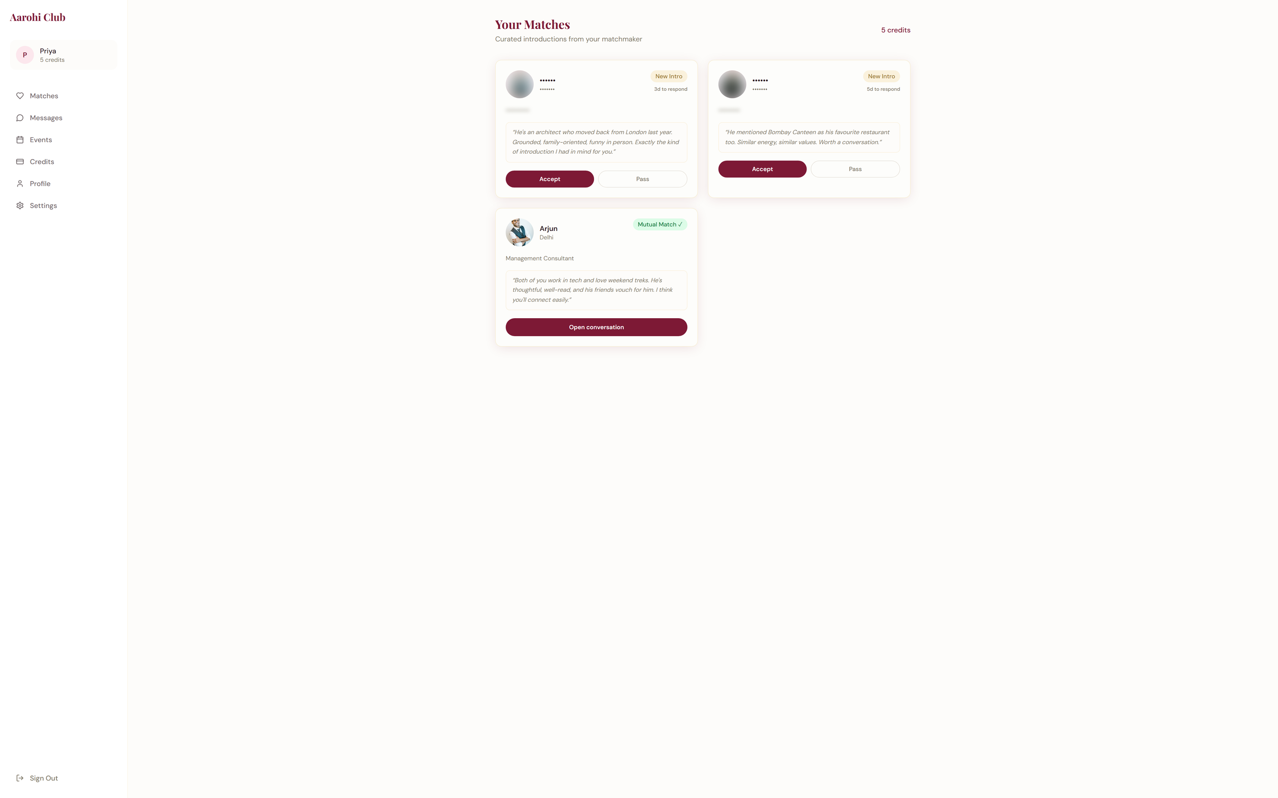Match card as a woman sees it, showing the curated profile with a personal curation note explaining why this match was selected